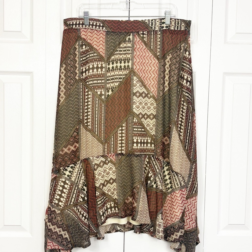 Catherines Brown Multi Patchwork Print Boho Handkerchief Peasant Skirt 0X
